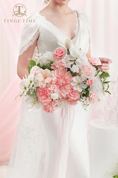 TINGE TIME 11 Inch Wedding Bouquets for Bride, PeachPink&White Artificial Flowers Bouquet, Brides & Bridesmaids Bouquet for Wedding Anniversary Ceremony Bridal Shower Decorations