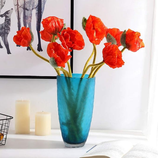 5 Pcs Artificial French Corn Poppy Silk Poppy Flocking Long Stem Flowers Home Wedding Party Decor 25" High No Vase Sunset Orange