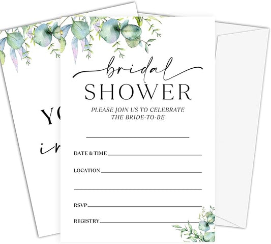 25 Set Greenery Bridal Shower Party Invitations with Envelopes, Spring Botanical Wedding Bridal Shower Party Supplies Invitation Cards-A14