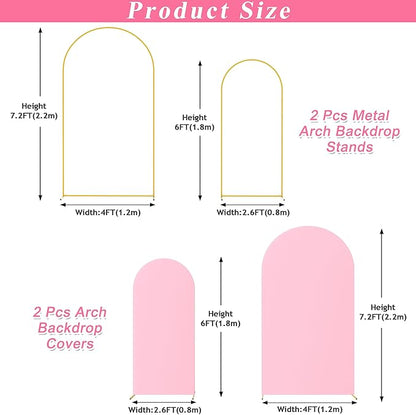 Putros Metal Arch Stand with Cover Set of 2 Pink Spandex Fitted Wedding Arch Cover and Round Top Chiara Backdrop Stand for Birthday Party Baby Shower Decoration 7.2FT, 6FT