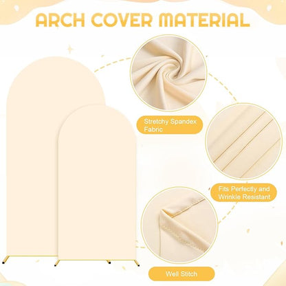 Metal Arch Backdrop Stand Set of 2 with Cover (7.2FT, 6FT) Wedding Arches Stand and Beige Spandex Arch Covers Stretchy Backdrop Balloon Arch Stands and Cover Set for Baby Shower Birthday Party Decor