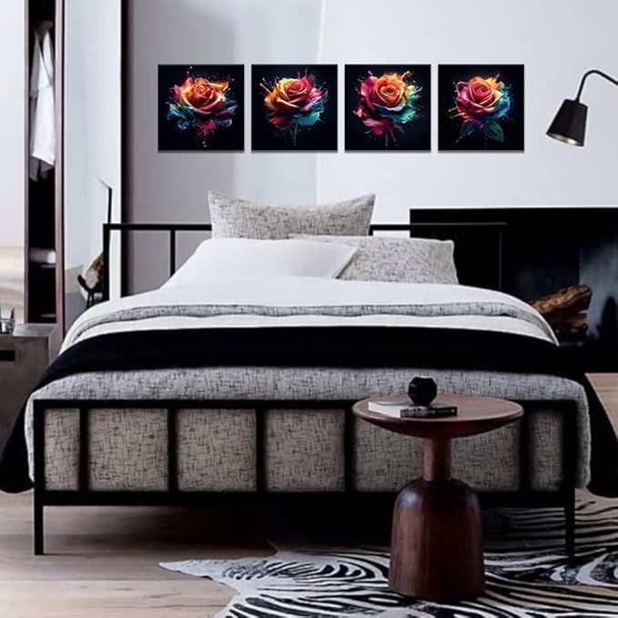 Pankila Colorful Rose Wall Art Rose Floral Pictures Canvas Prints Abstract Rose Flower Wall Decor for Living Room Bedroom Bathroom Home Decorations Framed Artwork (24''W x 24''H x 4)