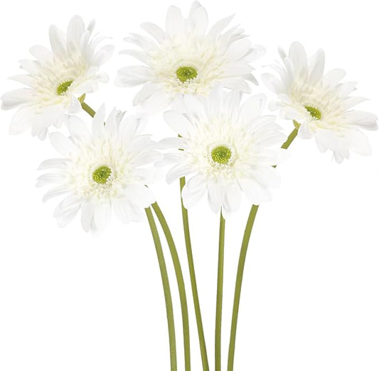White Gerbera Daisy Artificial Flowers 5PCS – Real Touch Latex Silk Daisies Flowers Artificial, 26.7" Long Stem Fake Flowers with Stems for Wedding Bouquets, Home Décor, or Daisy Centerpieces