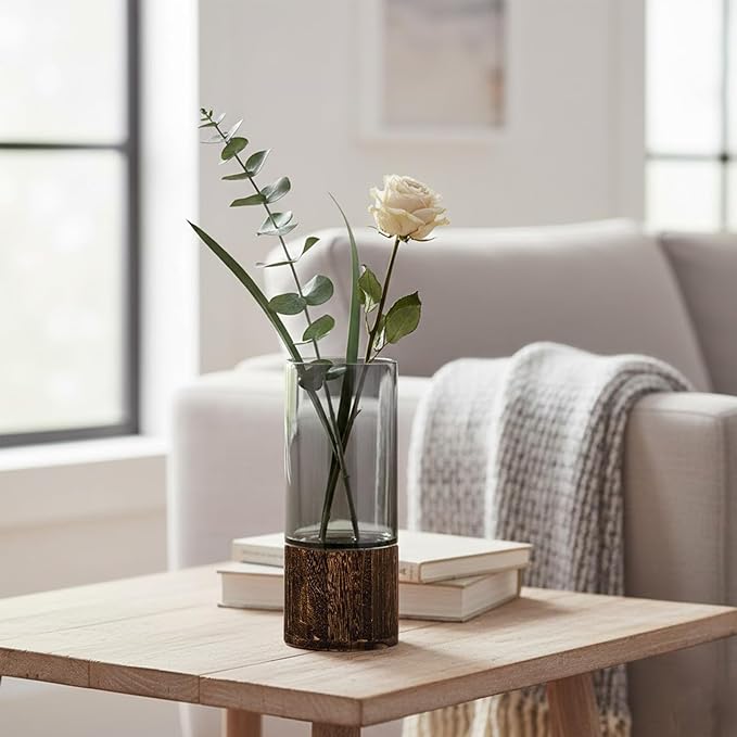 10" Tall Wood Glass Vase, Wooden Base Cylindrical Flower Vase, Classic Boho Rustic Style for Table, Fireplace, Kitchen, Bedroom, Living Room, Centerpieces Office Desk