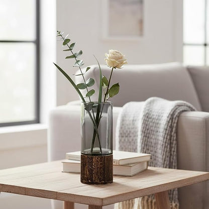 10" Tall Wood Glass Vase, Wooden Base Cylindrical Flower Vase, Classic Boho Rustic Style for Table, Fireplace, Kitchen, Bedroom, Living Room, Centerpieces Office Desk