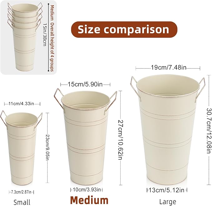 Notakia 10.62 Inch Galvanized Metal Vases Farmhouse French Flower Bucket Vases for Cut Flowers for Home Decor and Wedding Table Centerpiece Decorations (Medium Size Beige 4Pcs)