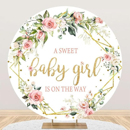 Baby Shower Round Backdrop Cover - 7.2ft Pink Floral Girls Party Decor Circle Background Flowers Green Leaves