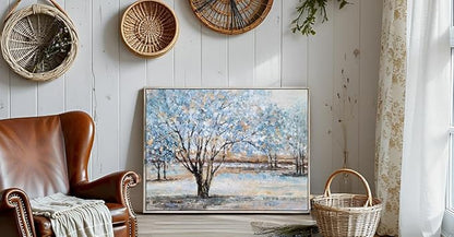 Yihui Arts Tree Canvas Wall Art - Hand Painted Textured Blue and Gold Foil Abstract Forest Landscape Modern Artwork for Living Room, Bedroom, and More