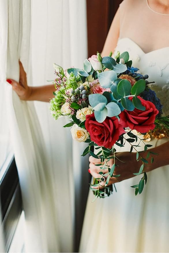 Artificial Rose Flower Red Flowers Red Rose Flowers Silk Flowers 12 pcs with Long Stem Silk Roses Bouquet for Wedding Bridal Shower Party Home Decoration