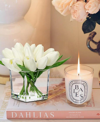 DILATATA Artificial White Tulips in Vase with Faux Water 5.5" Real Touch Flowers Fake Tulips Small Flowers Arrangement in Cube Glass Vase for Mother's Day Table Centerpiece Wedding Home Decor