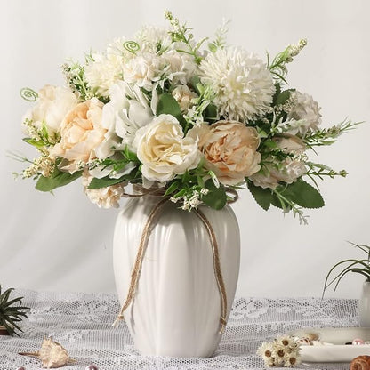 JARELING Peonies Artificial Flowers in Vase, Fake Hydrangea Silk Peony Flower Bouquet with Vase Faux Flowers Arrangement Decor Home Table Dining Room (White)