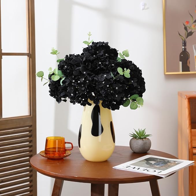 Tifuly Hydrangea Artificial Flowers -12 pcs Realistic Fake Hydrangea Silk Flowers with Stems Faux Hydrangea Flowers Heads for Office Home Party Wedding Centerpiece DIY Floral Decor（Black）
