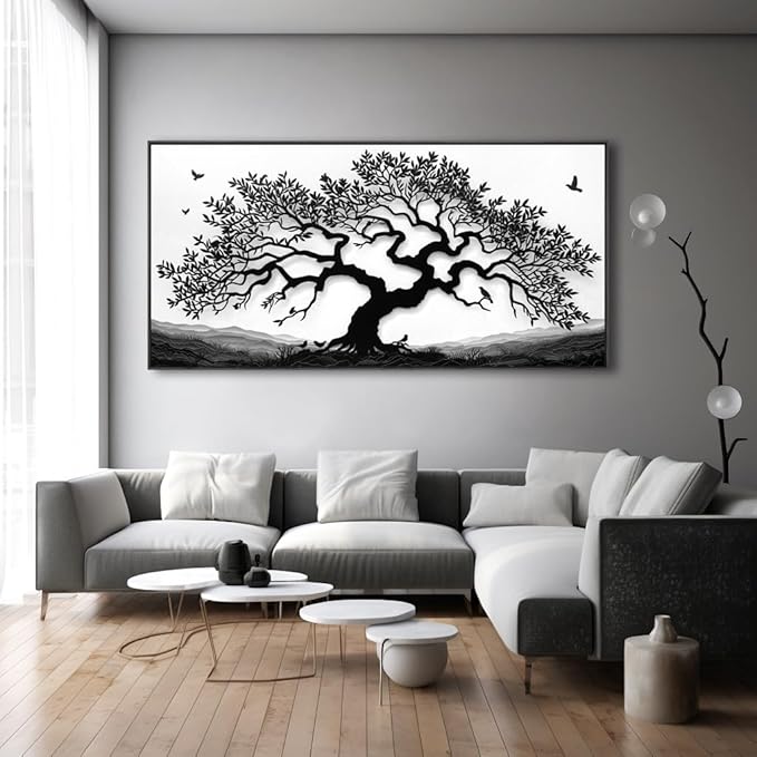 MooMel Wall Art Tree of Life White and Black Abstract Wall Art Canvas Painting for Living Room Bedroom Dining Room Home Office Decor Large Framed Ready to Hang 24"x48"