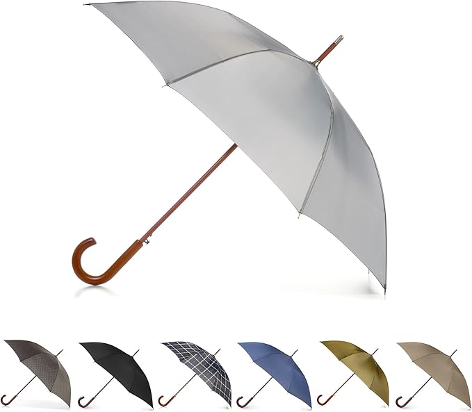 Totes Eco Auto Open Umbrella Classic Wooden J Stick Handle with Easy Grip - Windproof, Rainproof and Durable Canopy Design – Versatile Travel, Perfect for Rainy Days