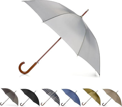 Totes Eco Auto Open Umbrella Classic Wooden J Stick Handle with Easy Grip - Windproof, Rainproof and Durable Canopy Design – Versatile Travel, Perfect for Rainy Days