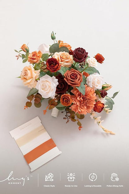 Ling's moment Terracotta Wedding Bouquets for Bride, Burnt Orange Bridal Bouquets for Bride, 15 Inch Free Form Artificial Wedding Flower Bouquet