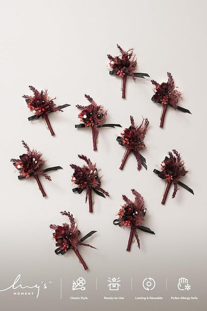 Ling's Moment Boutonniere for Men, 10pcs Groomsmen Guest Boutonniere, Artificial Flowers for Wedding Décor/Prom/Homecoming,etc.Black Gothic Burgundy