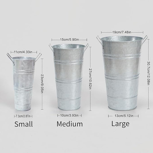 Notakia 10.62 Inch Galvanized Metal Vases Farmhouse French Flower Bucket Vases for Cut Flowers for Home Decor and Wedding Table Centerpiece Decorations (Medium Silver 4Pcs)