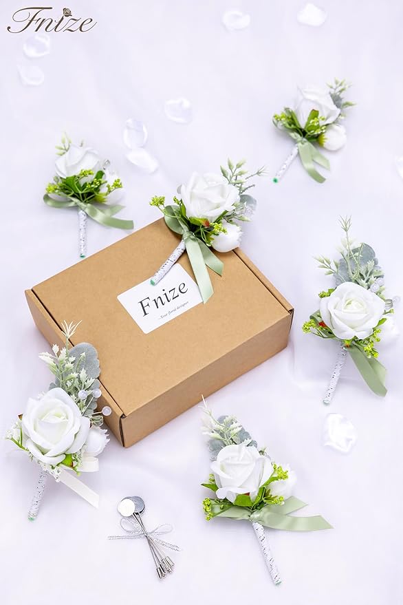Fnize White Boutonniere for Men, 6 Pcs Groom Groomsmen Boutonnieres, Artificial Flowers for Wedding Prom Homecoming