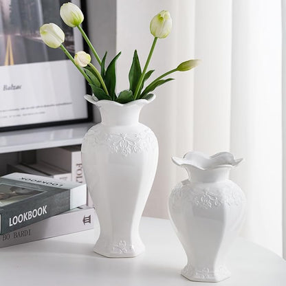 Relievo Elegant White Cream 8in 11in Ceramic Flower Tall Aesthetic Beige Table Tulip Wide Mouth Rose Filler Decorative Rustic Vase Decor for Home (White Vase, L)