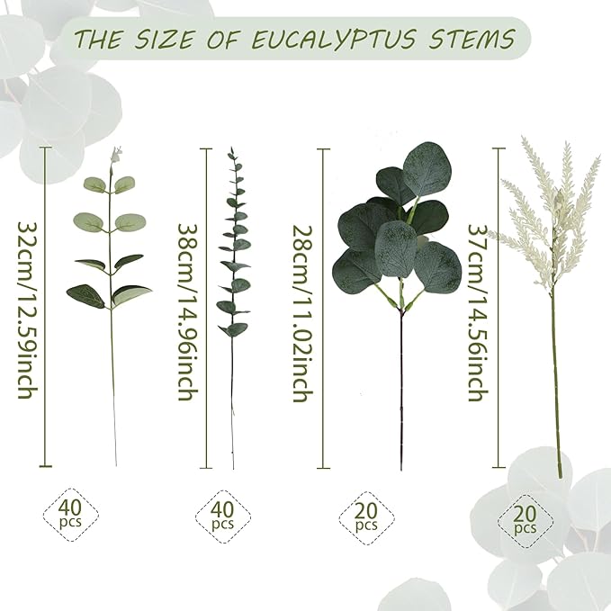 Artificial Eucalyptus Leaves Stems 120 Pcs 4 Kinds Mixed Fake Silver Dollar Eucalyptus Leaves Stem Bulk Faux Leaf for DIY Bouquets Floral Arrangement Wedding Home Decor