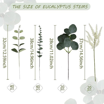 Artificial Eucalyptus Leaves Stems 120 Pcs 4 Kinds Mixed Fake Silver Dollar Eucalyptus Leaves Stem Bulk Faux Leaf for DIY Bouquets Floral Arrangement Wedding Home Decor