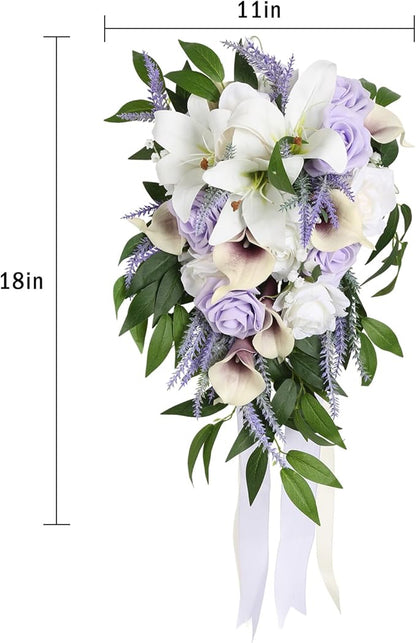 Wedding Bouquet,11 Inch Bridal Bouquet Cascading Wedding Bouquets for Bride for Wedding Ceremony and Anniversary(Lilac & White)