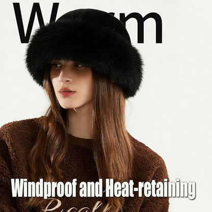 Faux Fur Bucket Hat, Winter Plush Fluffy Furry Mink Hats, Warm Thickened Fisherman Cap, Warm and Cute, Versatile for Winter - Black