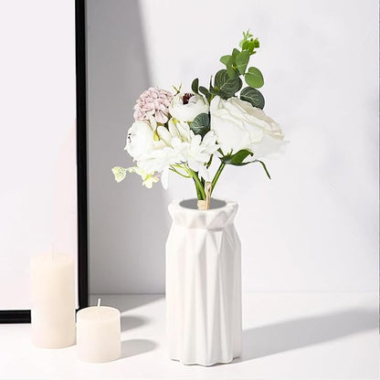 Zerzsy Artificial White Peony Flower Bouquet with Green Leaves Stem, 4pcs Stems Silk Flowers Bouquet Fake Peonies Flower Arrangements Vase Decorating for Centerpiece Table Wedding Party Home