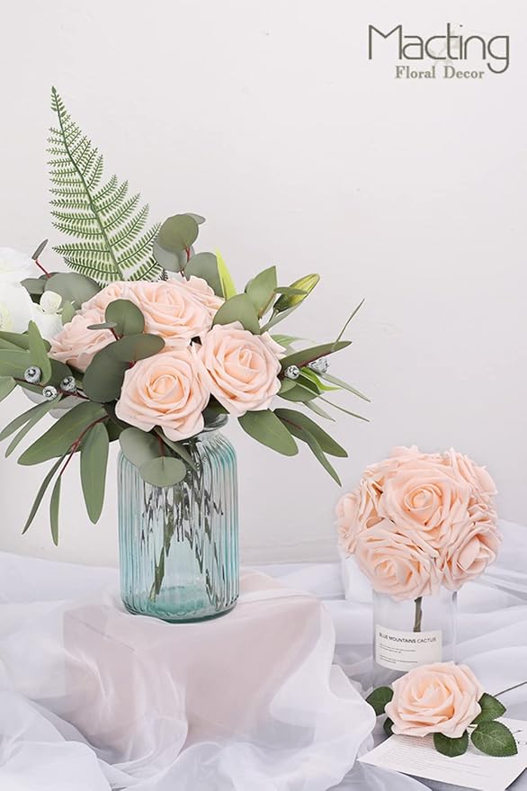 MACTING Artificial Flower Roses 30PCS Real Touch Fake Flowers with Stem Foam Roses for DIY Wedding Bouquet Table Centerpieces Party Baby Shower Valentines Day Gifts Spring Decorations,Champagne