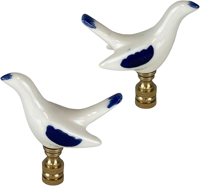 Royal Designs, Inc. Porcelain Bird Finial for Lamp Shade, Polished Brass, Blue & White, Pack of 2