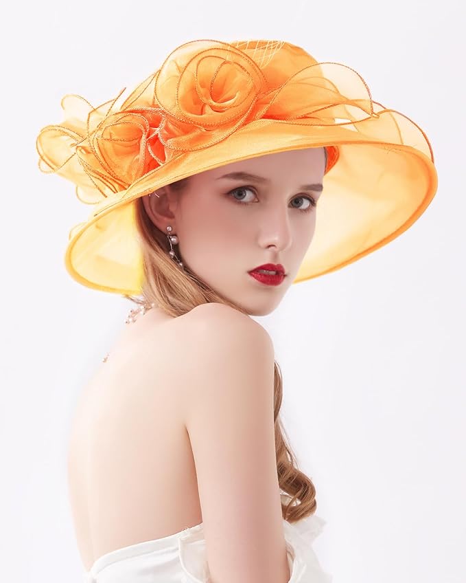 Organza Derby Hats for Women Wide Brim Fascinator Hat Rose Flower Wedding Tea Party Hat