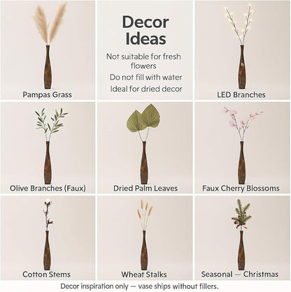 Leewadee Large Brown Light Brown Home Decor Floor Vase – Wooden 34 inches Tall Farmhouse Decor Flower Holder for Fake Plant and Pampas Grass