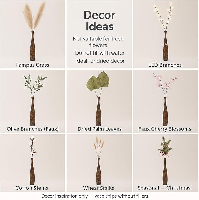 Leewadee Large Brown Home Decor Floor Vase - Wooden 26 inch Tall Farmhouse Decor Flower Holder for Fake Plant and Pampas Grass