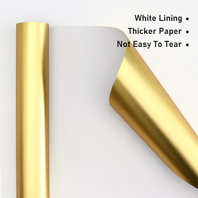 NESCCI Matte Metal Gold Wrapping Paper, Solid Color Paper,Gift Wrapping Paper,Perfect for Wedding,Valentine's Day,Birthday, Christmas,Baby Shower,DIY Bouquet (17.5 Inches X 32.8 Feet)