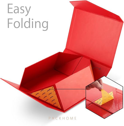PACKHOME Christmas Gift Box 9x6.5x3.8 Inches, Rectangle Collapsible Box with Magnetic Lid for Xmas Gift Packaging (Matte Red, Grain Texture)