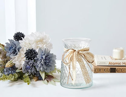 Wracra Artificial Flowers in Vase, Silk Fake Flowers in Vase, Faux Flowers Table Centerpieces for Dining Room, Bathroom Farmhouse Kitchen Coffee Table Decor (White Blue Dahlia)