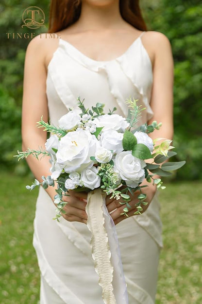 TINGE TIME 7" Bridesmaid Bouquet Set of 4, Wedding Bouquets for Bridesmaid, Perfect for Wedding Bouquets for Bride, Ideal for Bridal Shower, Rehearsal Dinner, Vintage Party (IvoryWhite&Eucalyptus)