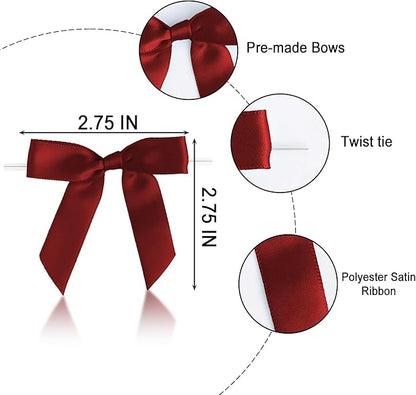 50 PCS Burgundy Twist Tie Bows 2.5" Satin Ribbon Bows Decor for Gift Wrapping Craft Treat Bags Cake Pop Basket, Wedding Baby Shower Birthday Party Favors