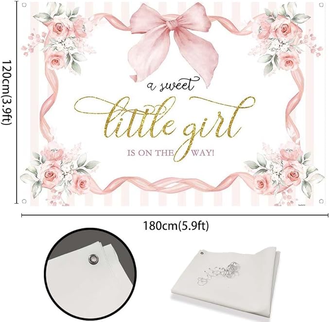 Pink Floral Baby Shower Backdrop Bow Flowers A Sweet Little Girl is on The Way Photography Background Princess Bowknot Girl Gender Reveal Party It’s a Banner with Copper Grommets