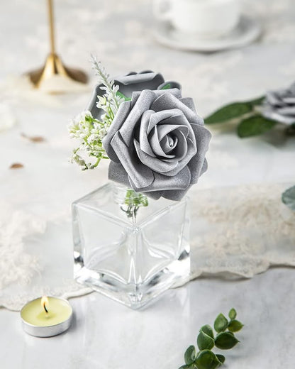 DuHouse 25Pcs Artificial Roses Flowers Fake Roses with Stems Real Touch Foam Flowers for DIY Wedding Bouquet Baby Shower Centerpiece Floral Arrangement Party Home Decor(Silver Grey)