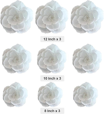 BRT Bearingshui Crepe Paper Flowers Decoration for Wall Total 9 Pcs, Artificial Flowers for Wedding Decor,Flower Backdrop Decor, Baby Bridal Shower Birthday Party, White 3D Wall Flowers Decor