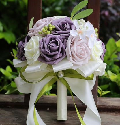 Lightweight Bridal Wedding Bouquet Round Holding Bouquet Throw Toss Artificial Rose Flower Bunch for Bride Bridesmaid Wedding Quinceanera (Cream, Deep Taro & Light Taro, 6.7")