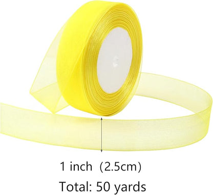 Yellow Ribbon for Gift Wrapping 1 inch Sheer Organza Ribbon for Flower Bouquet Tulle Thin Chiffon Ribbons for Wedding Invitations Presents Decorations Crafts 50 Yards
