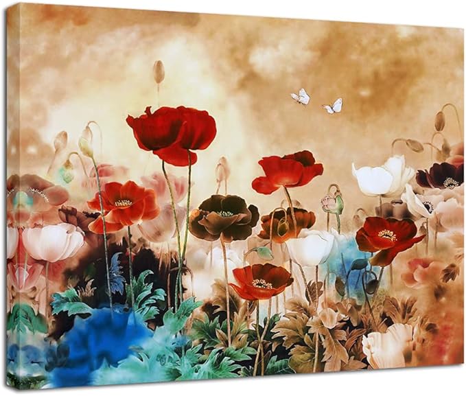 Wieco Art Blooming Poppies Canvas Prints Wall Art Colorful Flowers Pictures Paintings for Living Room Bedroom Bathroom Home Decorations Modern Stretched and Framed Pretty Floral Giclee Artwork