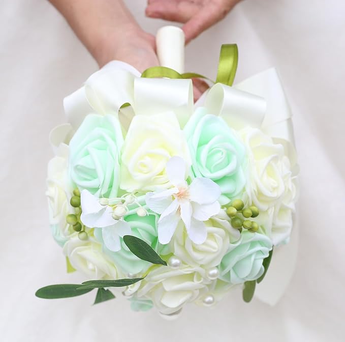Lightweight Bridal Wedding Bouquet Round Holding Bouquet Throw Toss Artificial Rose Flower Bunch for Bride Bridesmaid Wedding Quinceanera (Cream & Light Cyan, 9.1")