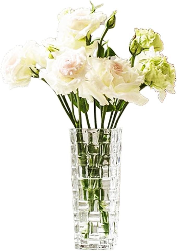 Clear Glass Vase for Flowers Square Embossed Rectangle 6in High Glass Bud Vases Small Vase for Flowers Plant Terrarium Candle Holder Water Glasses for Wedding Centerpiece Office Table, Rattan