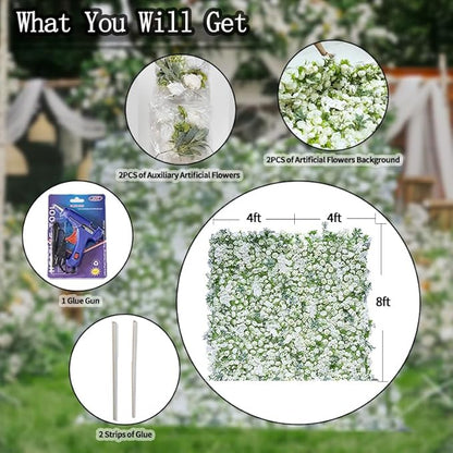 8x8ft(2 pcs of 4ftx8ft) Artificial Silk Fabric Flower Wall Cloth-Based Background 5D White Rose Fabric Rolling Up Floral Backdrop for Wedding Baby Shower Party and Home Decor