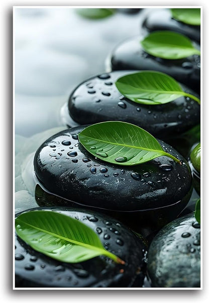 Glittering black stone cluster with fresh green leaves and water drops poster tranquil mist rain wall art zen wall art suitable for modern minimalist home decor 24x36in Frameless