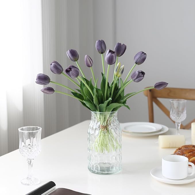 15 Pcs Artificial Flowers Tulips Real Touch Latex Plastic Soft Faux Bouquets for Party, Wedding, Home, Room, Garden Decor (Fall Purple)
